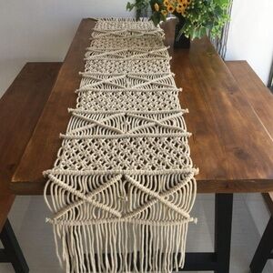 Boho Macrame Table Runner | Handwoven Cotton Fringe Decor